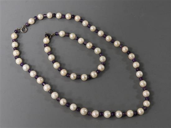 A single strand amethyst bead and cultured pearl necklace and similar bracelet.